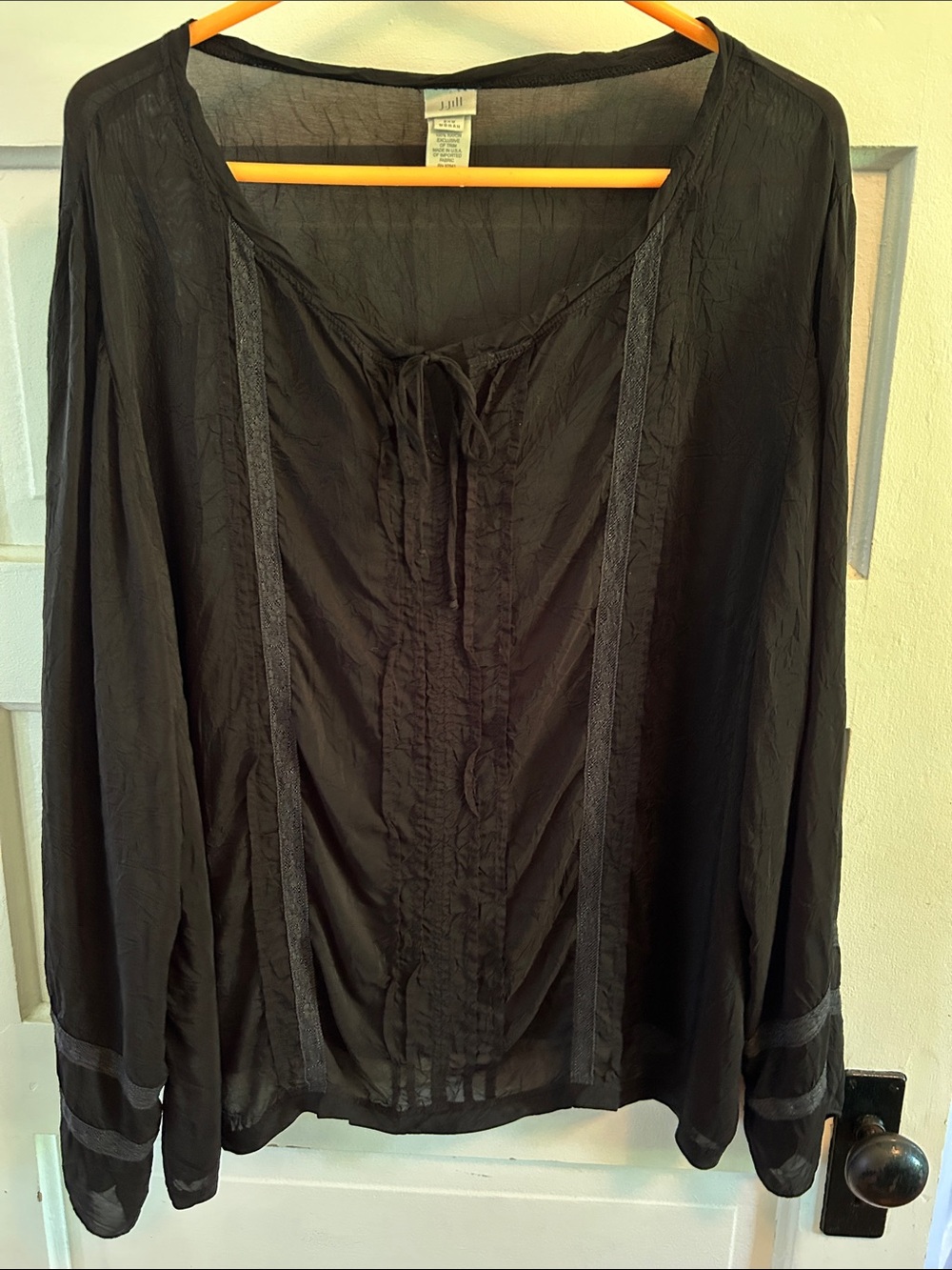 I Jill Black Sheer Rayon Tie-Front Peasant Blouse Sz 2XW